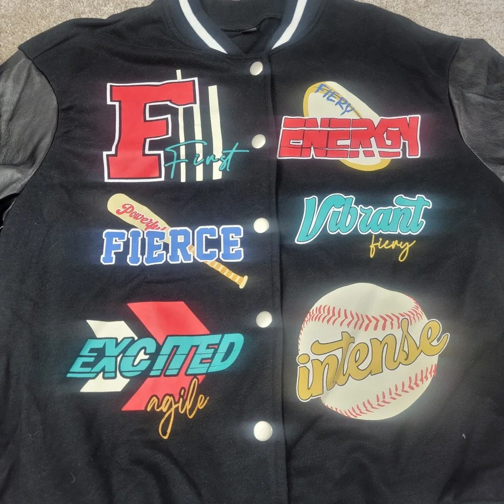 SHEIN Baseball Jacket‎ Varsity Style Graphic Print Black Faux Leather L